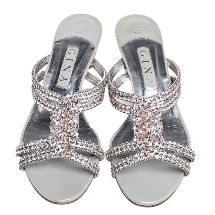 Pre Owned Gina Silver Leather Crystal Embellished Slide Sandals Size 40.5