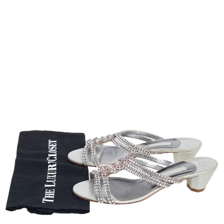 Pre Owned Gina Silver Leather Crystal Embellished Slide Sandals Size 40.5