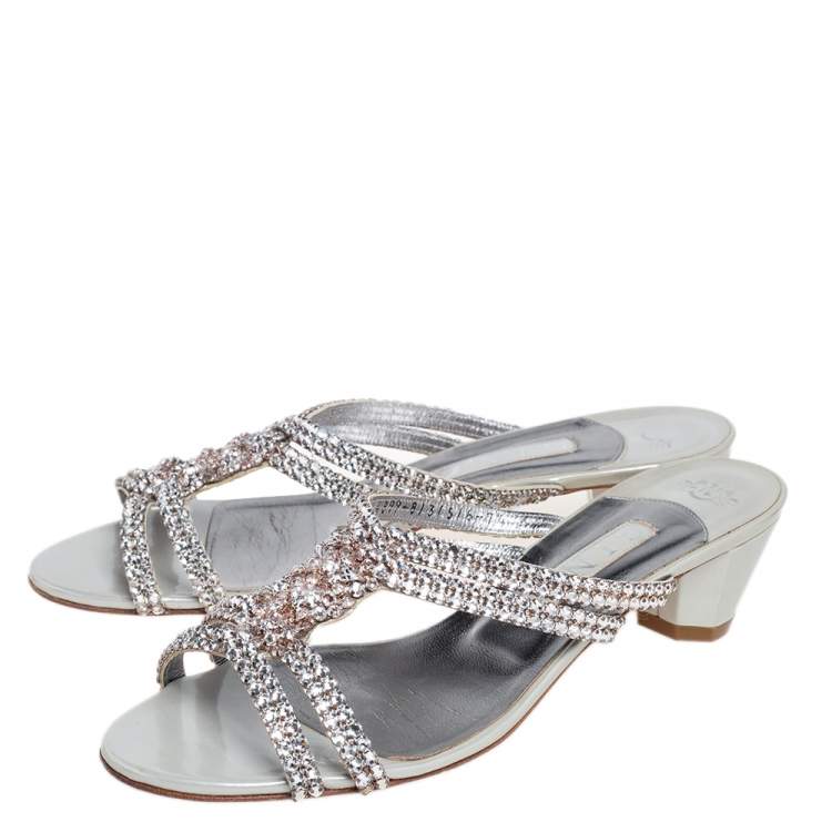 Pre Owned Gina Silver Leather Crystal Embellished Slide Sandals Size 40.5