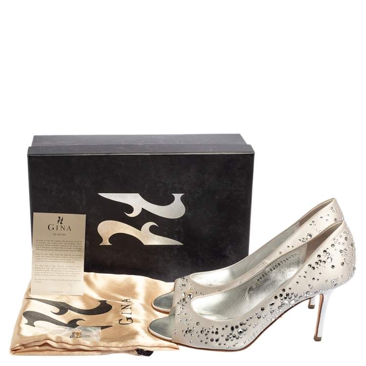 Pre Owned Gina Light Grey Satin Crystal Embellished Dusk Open Toe Pumps Size 40.5