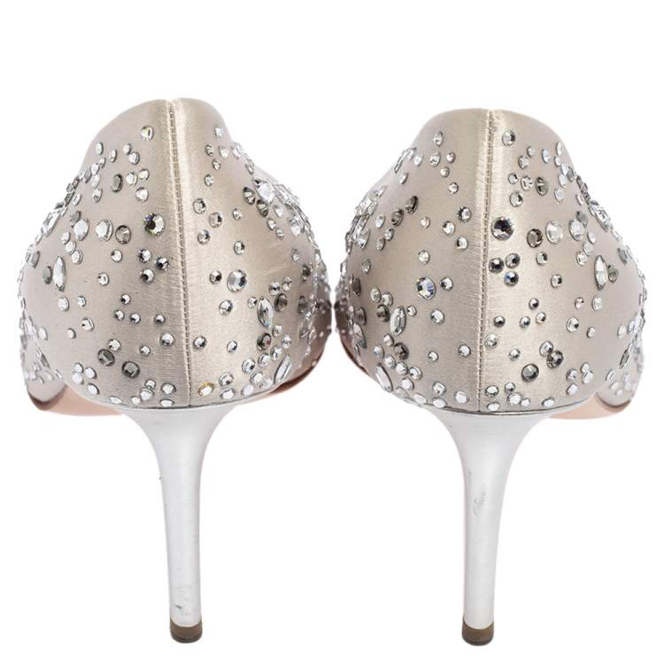 Pre Owned Gina Light Grey Satin Crystal Embellished Dusk Open Toe Pumps Size 40.5