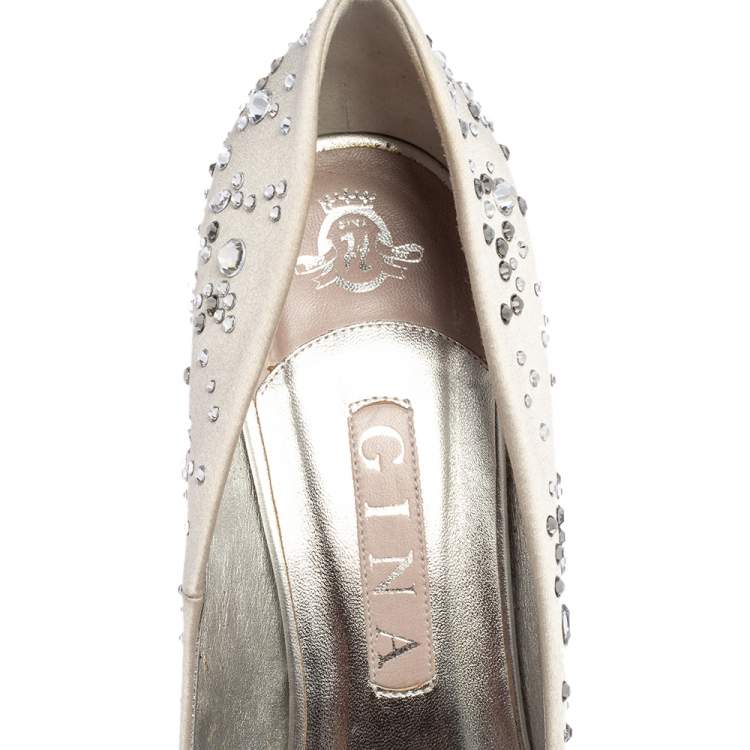 Pre Owned Gina Light Grey Satin Crystal Embellished Dusk Open Toe Pumps Size 40.5