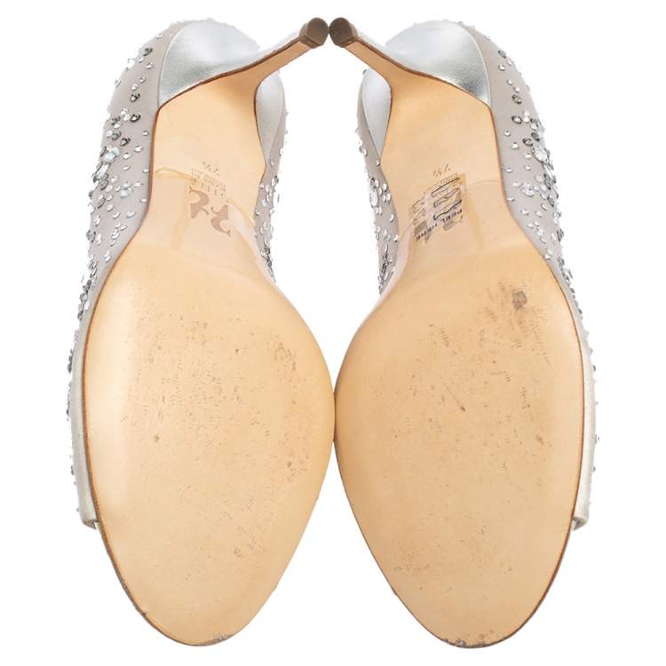 Pre Owned Gina Light Grey Satin Crystal Embellished Dusk Open Toe Pumps Size 40.5