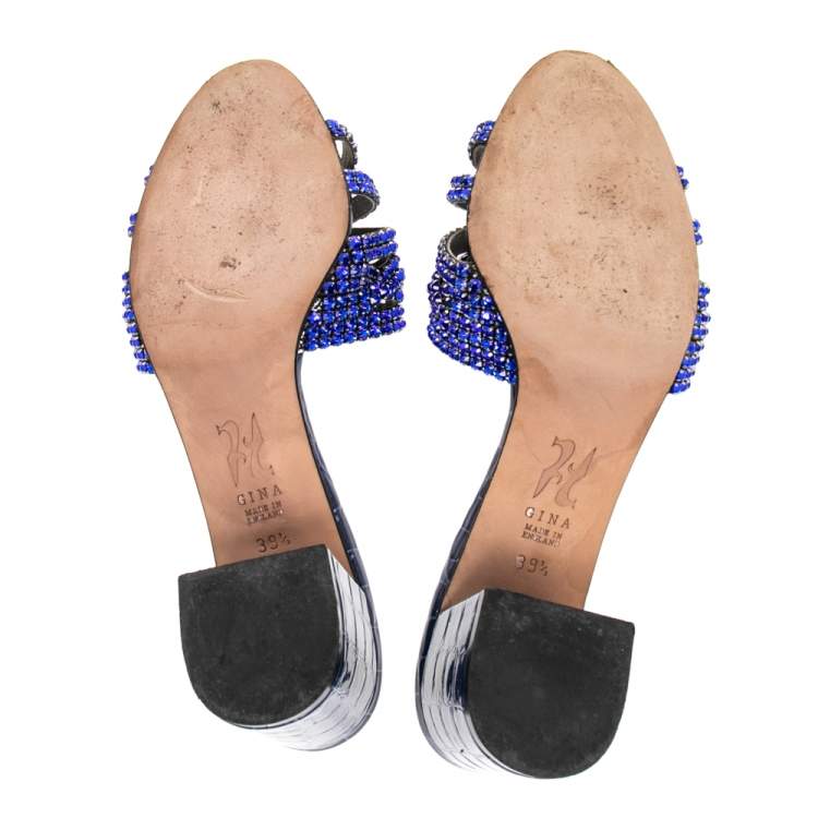 Pre Owned Gina Blue Croc Embossed Leather Crystal Embellished Rodeo Block Heel Slide Sandals Size 39.5