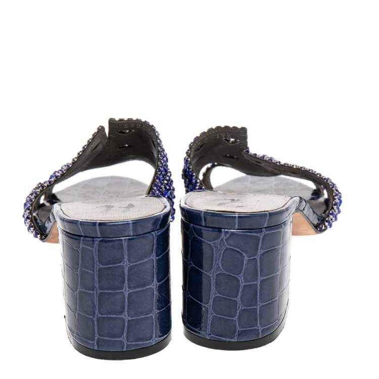 Pre Owned Gina Blue Croc Embossed Leather Crystal Embellished Rodeo Block Heel Slide Sandals Size 39.5