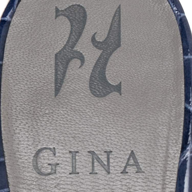 Pre Owned Gina Blue Croc Embossed Leather Crystal Embellished Rodeo Block Heel Slide Sandals Size 39.5