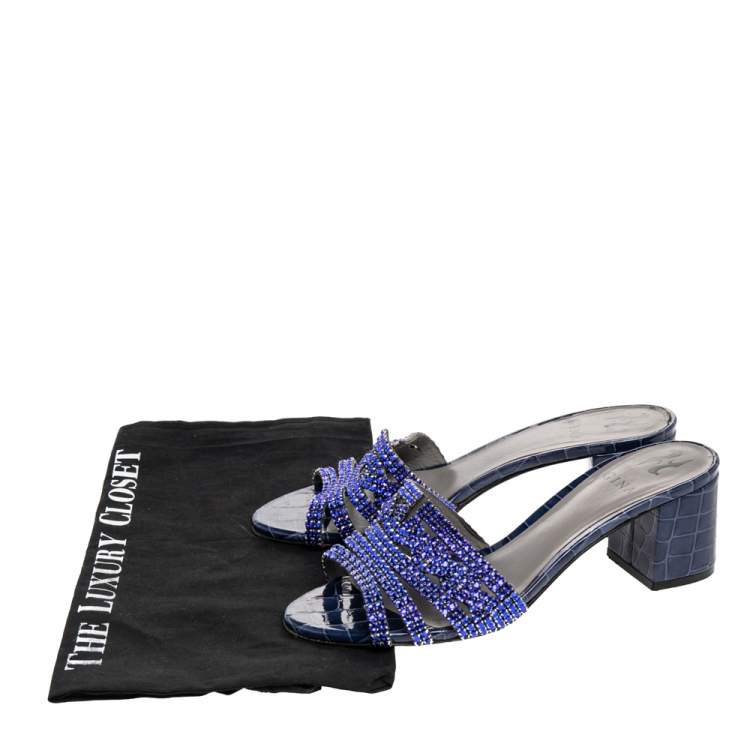 Pre Owned Gina Blue Croc Embossed Leather Crystal Embellished Rodeo Block Heel Slide Sandals Size 39.5