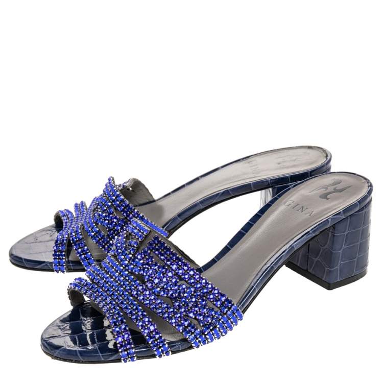 Pre Owned Gina Blue Croc Embossed Leather Crystal Embellished Rodeo Block Heel Slide Sandals Size 39.5