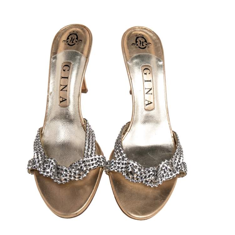 Pre Owned Gina Silver Crystal Embellished Leather Open Toe Slide Sandals Size 39