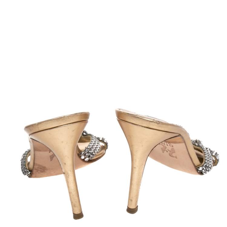 Pre Owned Gina Silver Crystal Embellished Leather Open Toe Slide Sandals Size 39