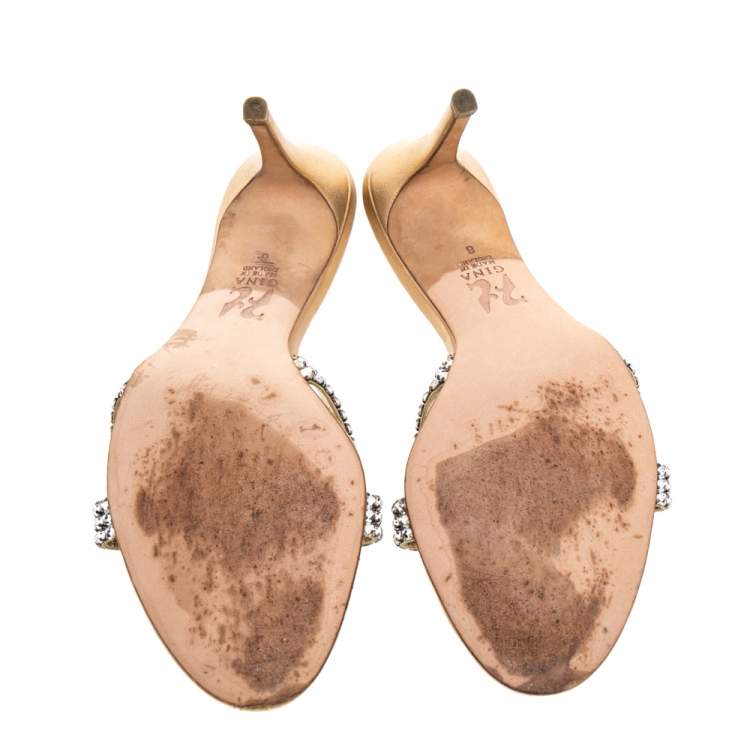 Pre Owned Gina Silver Crystal Embellished Leather Open Toe Slide Sandals Size 39