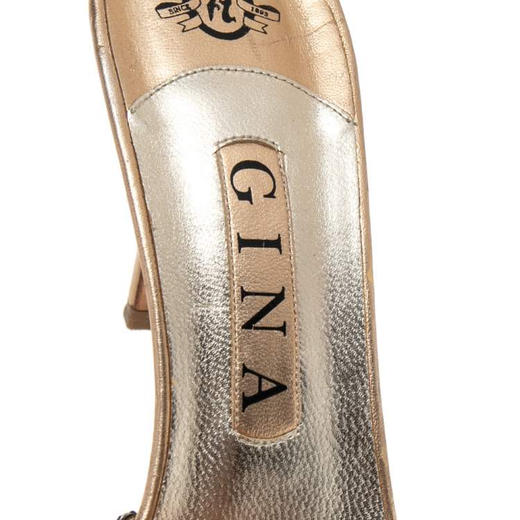 Pre Owned Gina Silver Crystal Embellished Leather Open Toe Slide Sandals Size 39