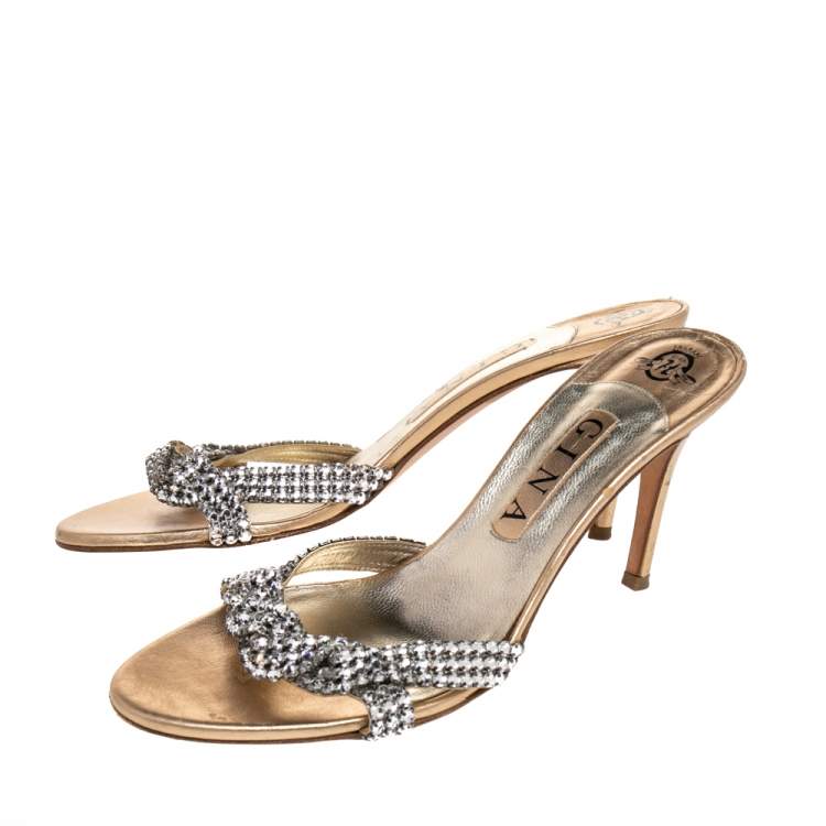 Pre Owned Gina Silver Crystal Embellished Leather Open Toe Slide Sandals Size 39