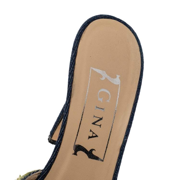 Pre Owned Gina Blue Embroidered Denim Sequin Pointed Toe Mules Size 37.5