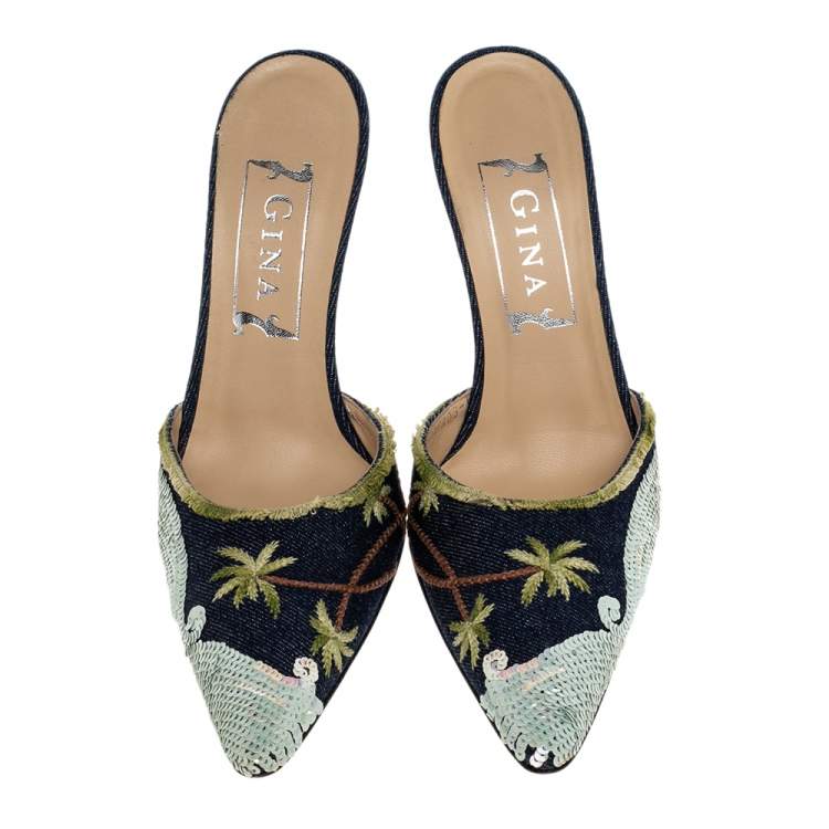 Pre Owned Gina Blue Embroidered Denim Sequin Pointed Toe Mules Size 37.5