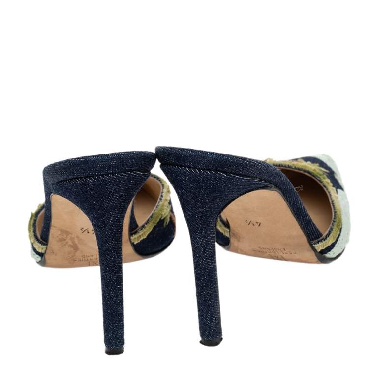 Pre Owned Gina Blue Embroidered Denim Sequin Pointed Toe Mules Size 37.5