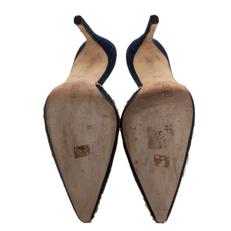 Pre Owned Gina Blue Embroidered Denim Sequin Pointed Toe Mules Size 37.5