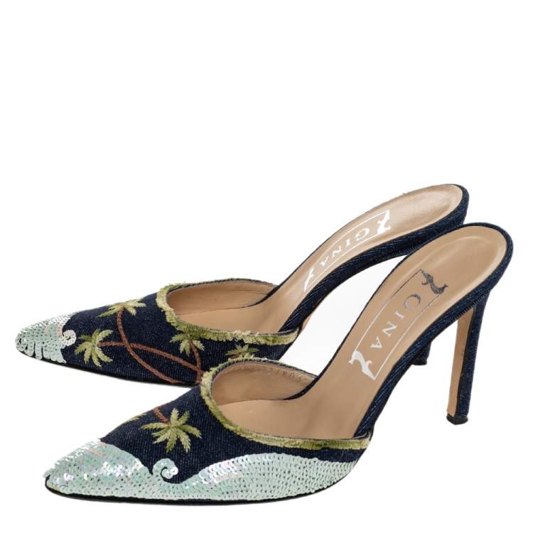 Pre Owned Gina Blue Embroidered Denim Sequin Pointed Toe Mules Size 37.5