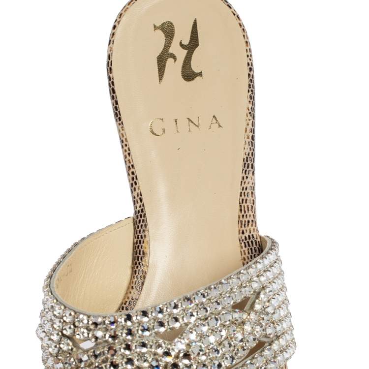 Pre Owned Gina Beige Animal Print Lizard Embossed Leather Munro Flat Slides Size 38.5