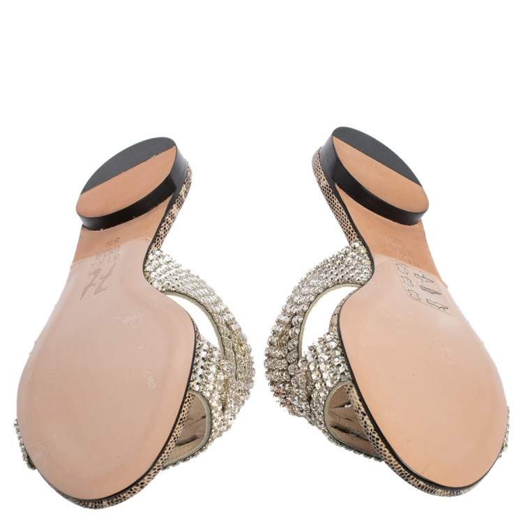 Pre Owned Gina Beige Animal Print Lizard Embossed Leather Munro Flat Slides Size 38.5