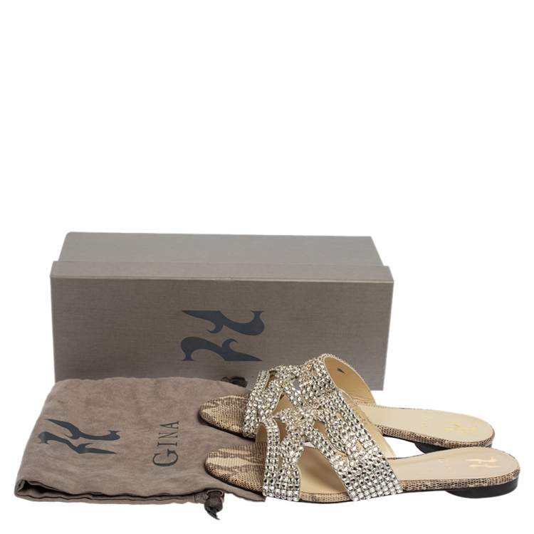 Pre Owned Gina Beige Animal Print Lizard Embossed Leather Munro Flat Slides Size 38.5