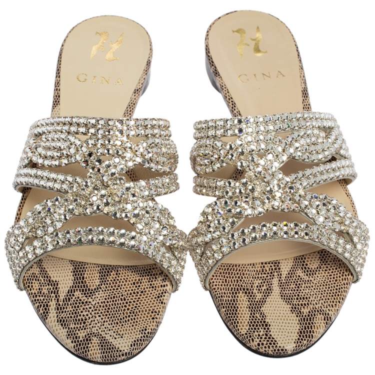 Pre Owned Gina Beige Animal Print Lizard Embossed Leather Munro Flat Slides Size 38.5