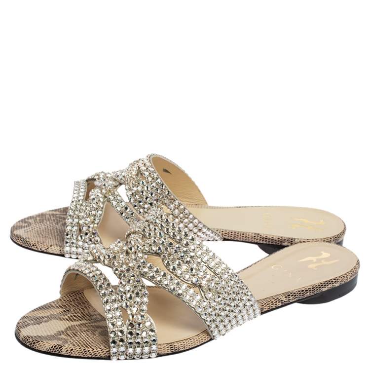 Pre Owned Gina Beige Animal Print Lizard Embossed Leather Munro Flat Slides Size 38.5