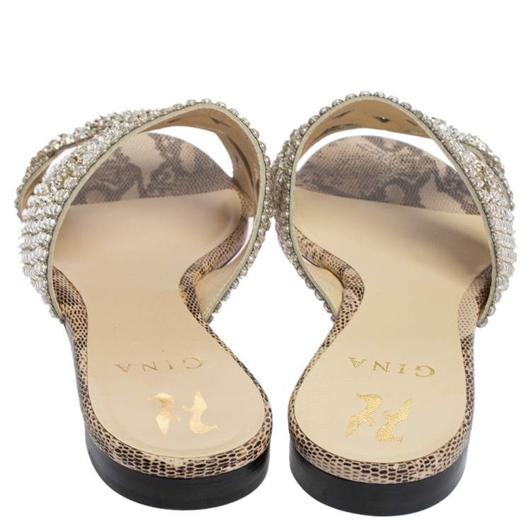 Pre Owned Gina Beige Animal Print Lizard Embossed Leather Munro Flat Slides Size 38.5