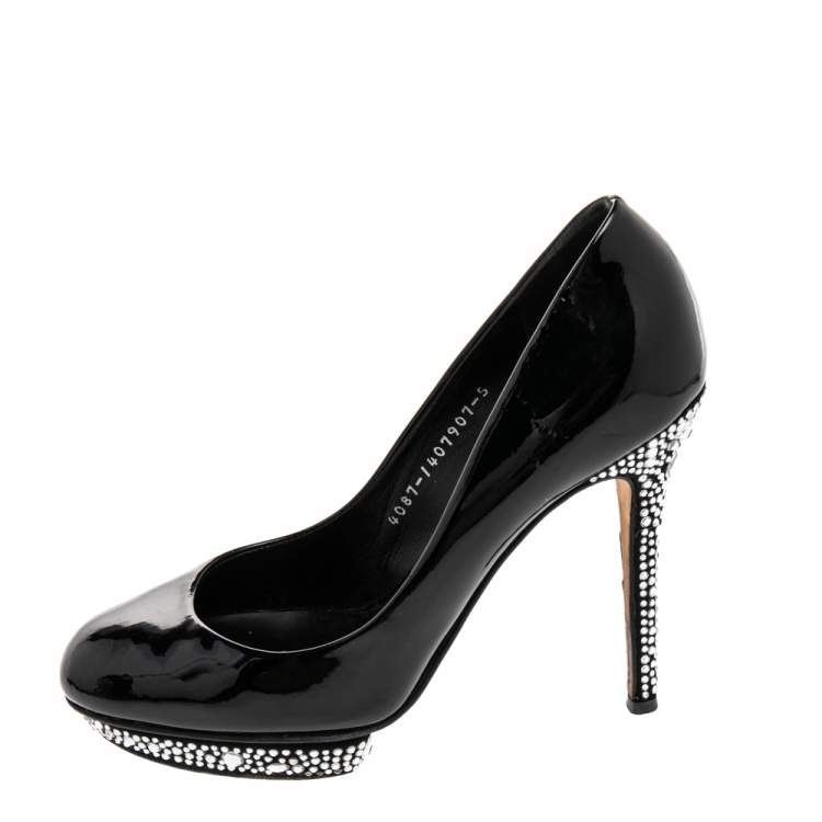 Pre Owned Gina Black Patent Leather Crystal Embellished Pumps Size 38 
