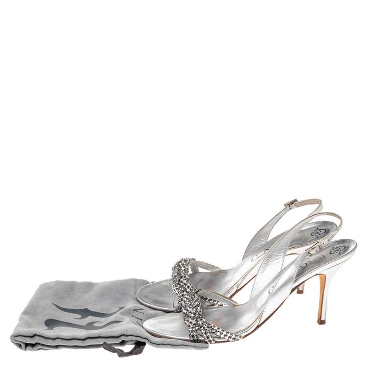 Pre Owned Gina Silver Crystal Embellished Naomi Slingback Sandals Size 41