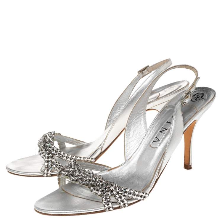 Pre Owned Gina Silver Crystal Embellished Naomi Slingback Sandals Size 41