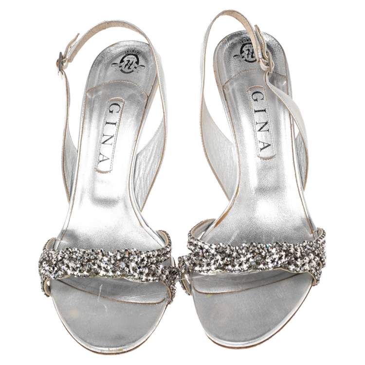 Pre Owned Gina Silver Crystal Embellished Naomi Slingback Sandals Size 41
