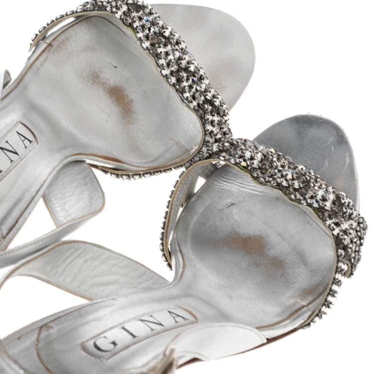 Pre Owned Gina Silver Crystal Embellished Naomi Slingback Sandals Size 41