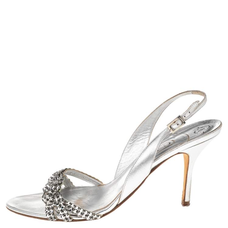 Pre Owned Gina Silver Crystal Embellished Naomi Slingback Sandals Size 41