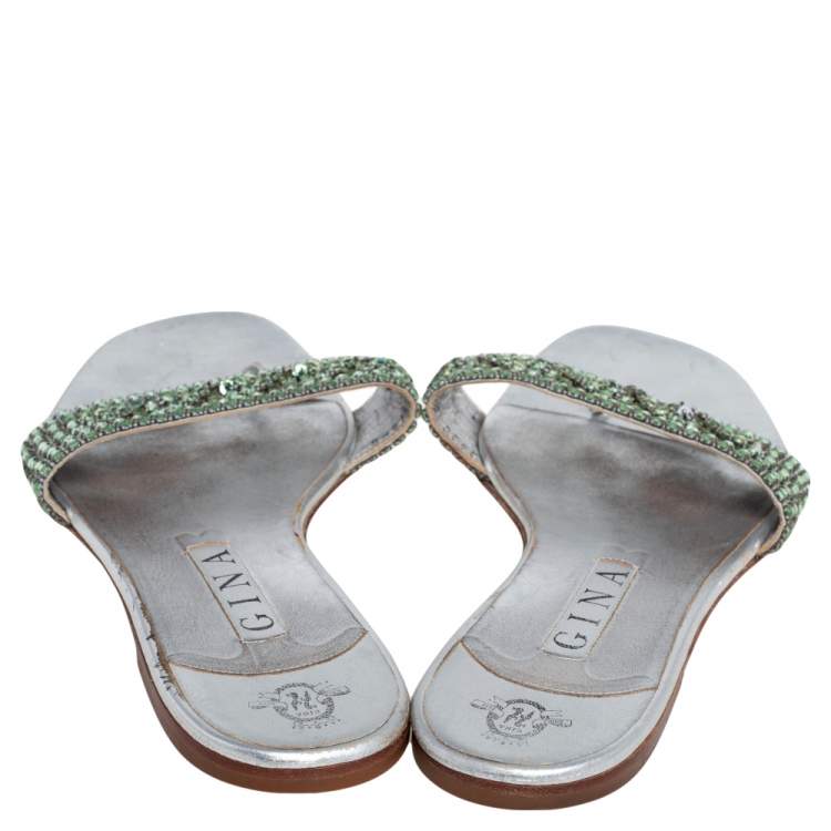 Pre Owned Gina Silver Leather Crystal Embellished Athena Slides Size 41