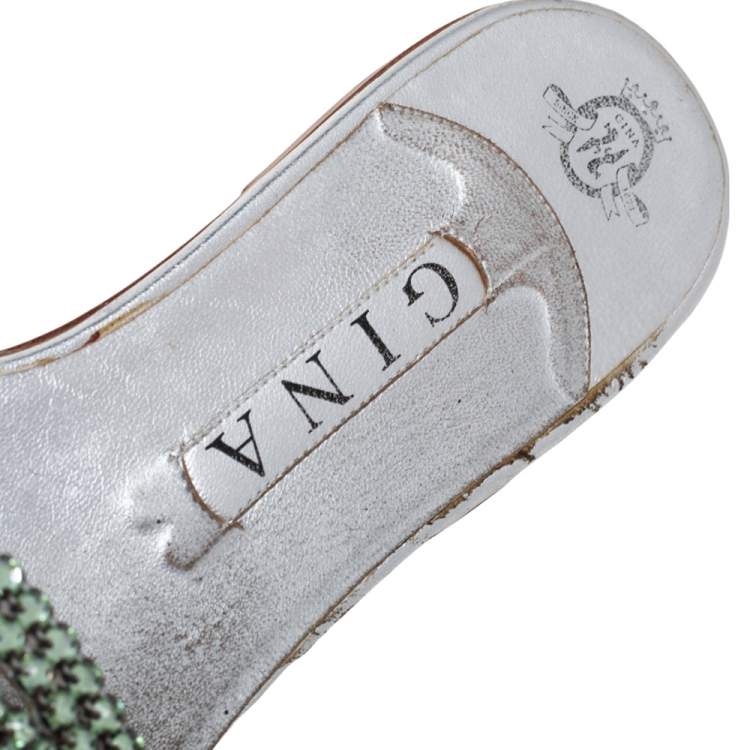Pre Owned Gina Silver Leather Crystal Embellished Athena Slides Size 41