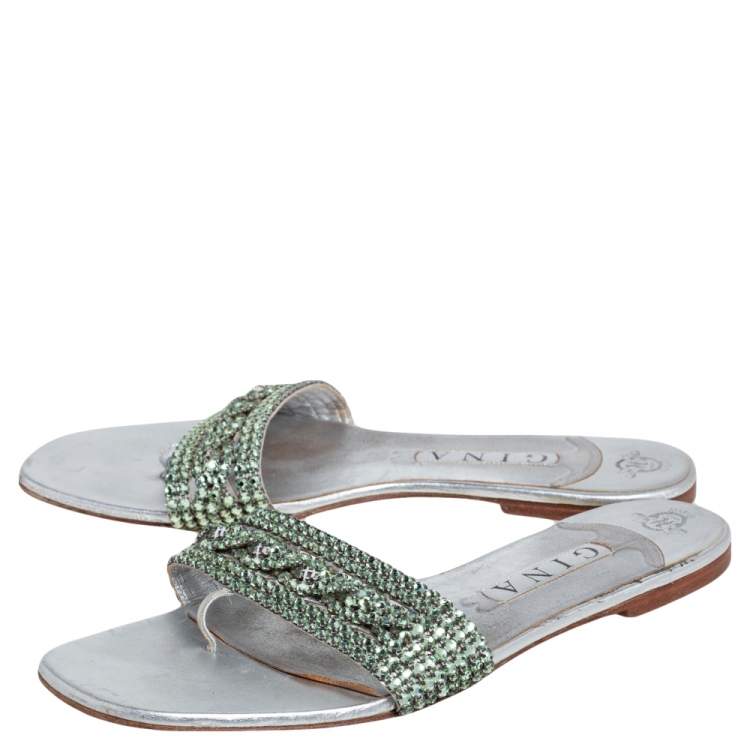 Pre Owned Gina Silver Leather Crystal Embellished Athena Slides Size 41