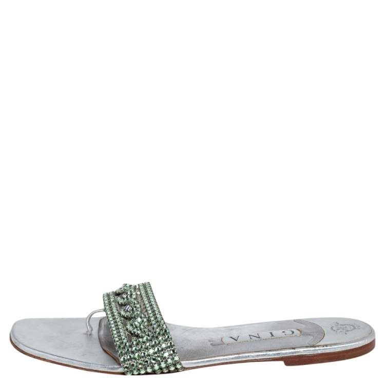 Pre Owned Gina Silver Leather Crystal Embellished Athena Slides Size 41