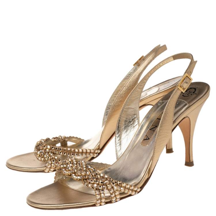 Pre Owned Gina Gold Crystal Embellished Naomi Slingback Sandals Size 40