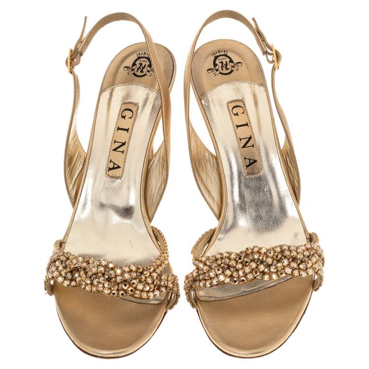 Pre Owned Gina Gold Crystal Embellished Naomi Slingback Sandals Size 40