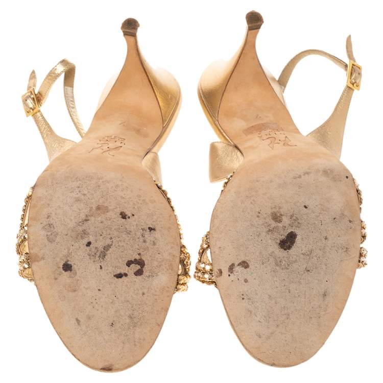 Pre Owned Gina Gold Crystal Embellished Naomi Slingback Sandals Size 40