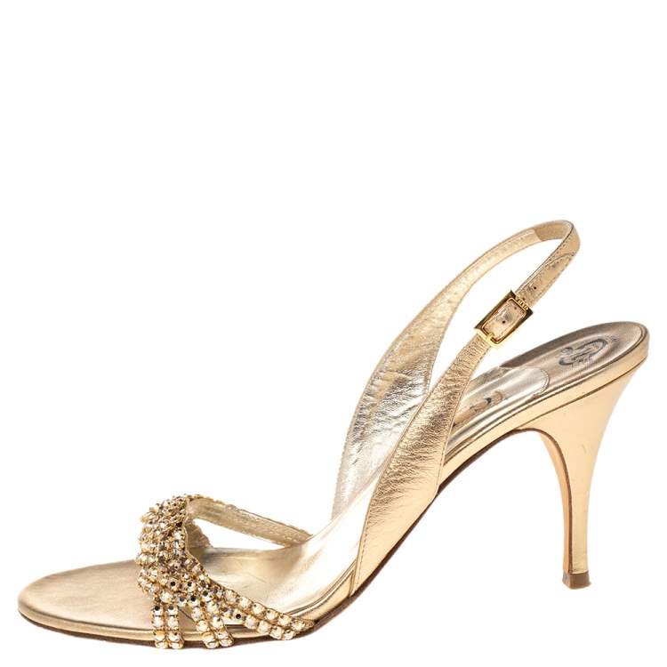 Pre Owned Gina Gold Crystal Embellished Naomi Slingback Sandals Size 40