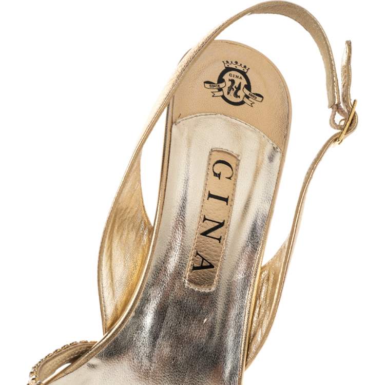 Pre Owned Gina Gold Crystal Embellished Naomi Slingback Sandals Size 40