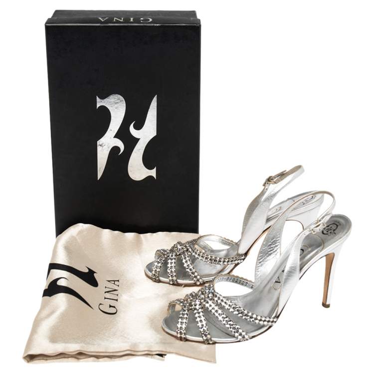 Pre Owned Gina Silver Leather Crystal Embellished Peep Toe Slingback Sandals Size 39