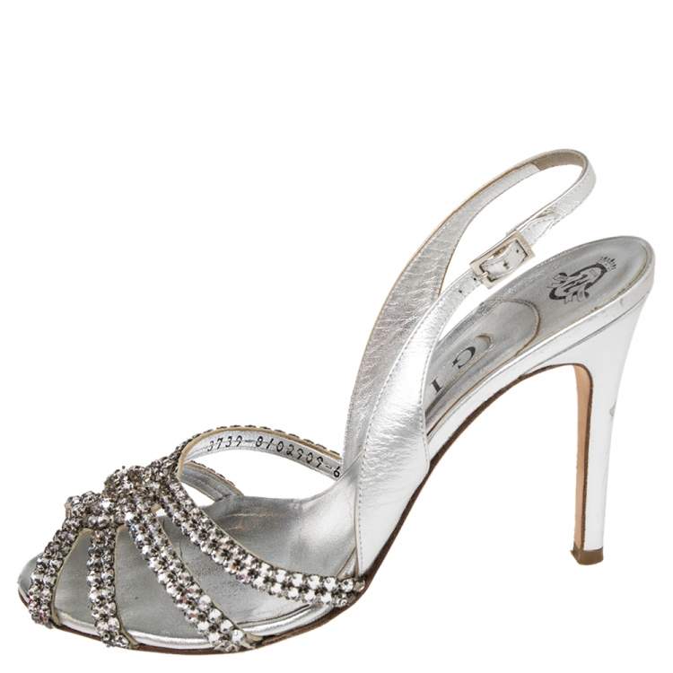 Pre Owned Gina Silver Leather Crystal Embellished Peep Toe Slingback Sandals Size 39