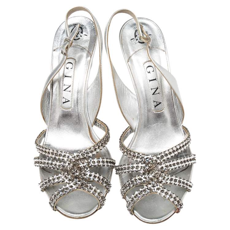 Pre Owned Gina Silver Leather Crystal Embellished Peep Toe Slingback Sandals Size 39