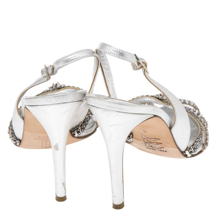 Pre Owned Gina Silver Leather Crystal Embellished Peep Toe Slingback Sandals Size 39