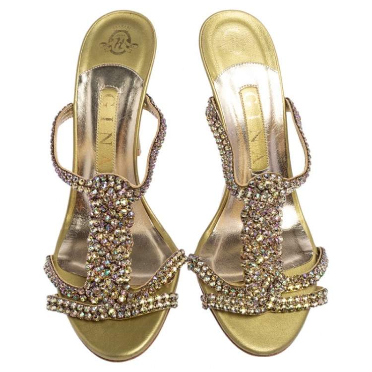 Pre Owned Gina Metallic Green Leather Crystal Embellished T Strap Slide Sandals Size 38.5