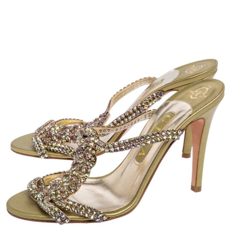 Pre Owned Gina Metallic Green Leather Crystal Embellished T Strap Slide Sandals Size 38.5