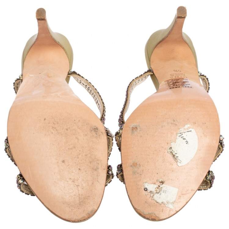 Pre Owned Gina Metallic Green Leather Crystal Embellished T Strap Slide Sandals Size 38.5